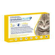 Revolution Plus for cats, flea and tick treatment, packaging with usage instructions and safety icons.