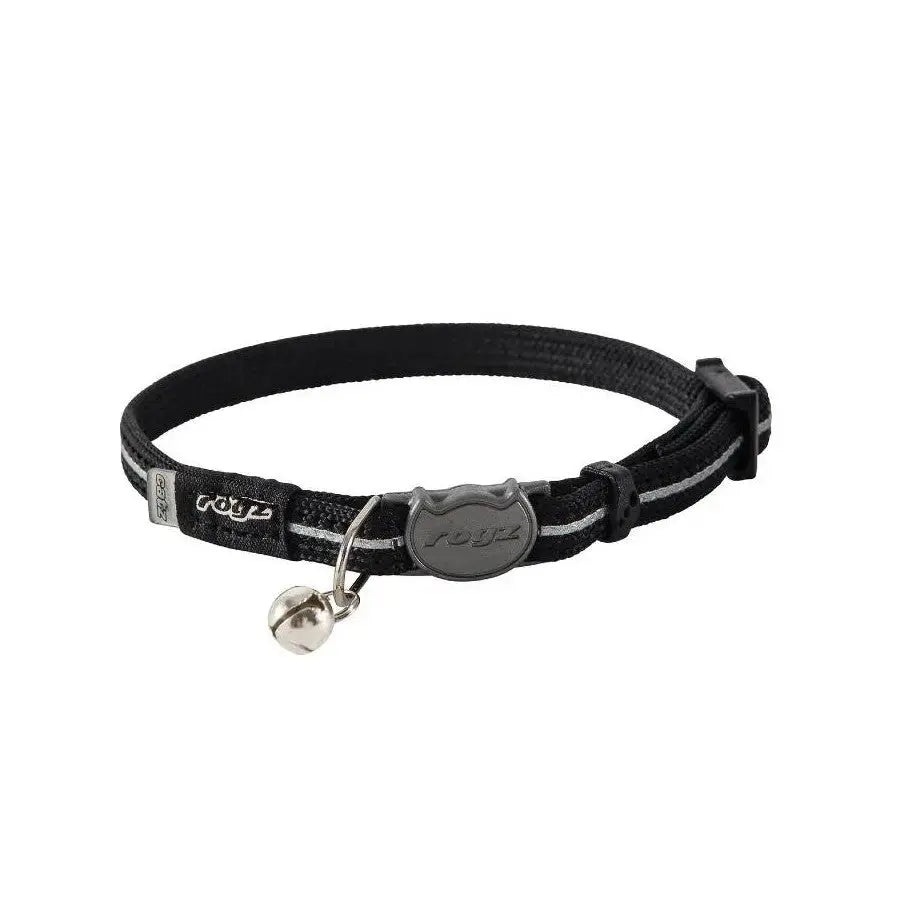 Black cat collar with reflective stripes and a bell for safety and style.