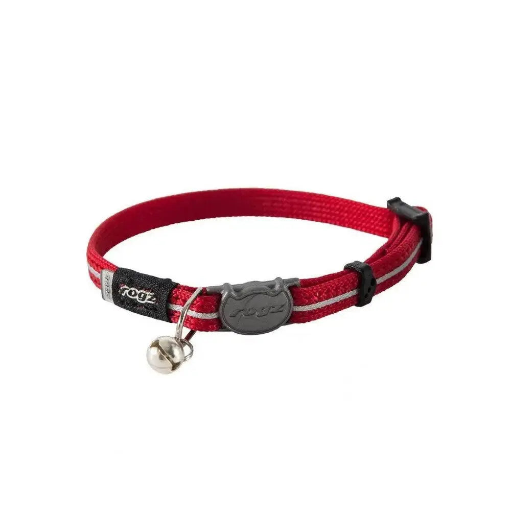 Red cat collar with bell, adjustable strap, and reflective detailing for safety.