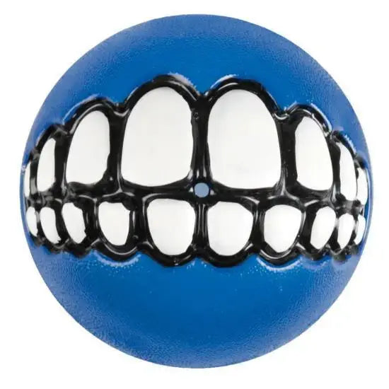 Blue rubber ball with a playful teeth design, perfect for fun and interactive playtime.