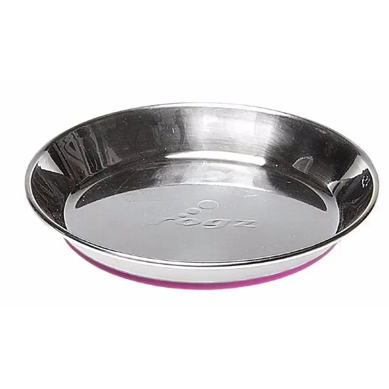 Stainless steel pet food bowl with a non-slip base for easy feeding.