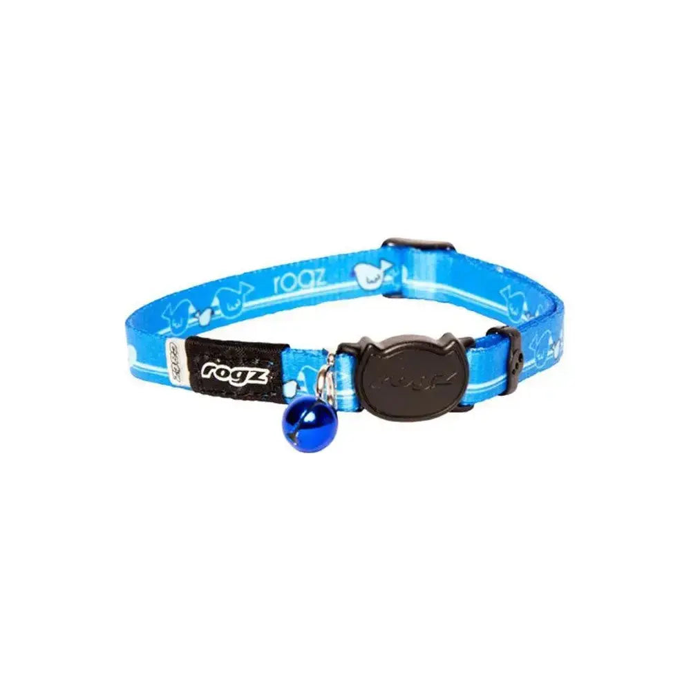 Blue pet collar with a bell, featuring a playful design and adjustable buckle for comfort.