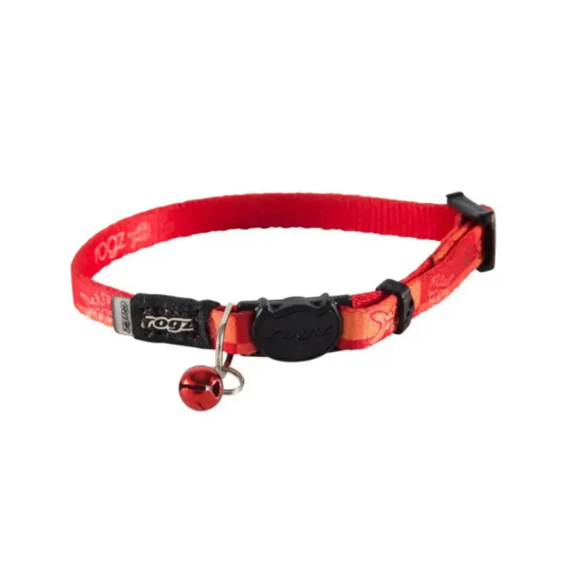 Red pet collar with a bell, adjustable strap, and Rogz branding for stylish pet accessories.