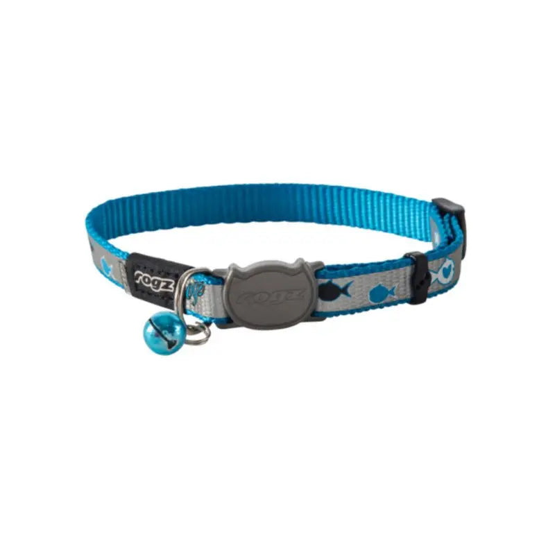Blue cat collar with fish pattern, adjustable strap, and a bell for added safety.