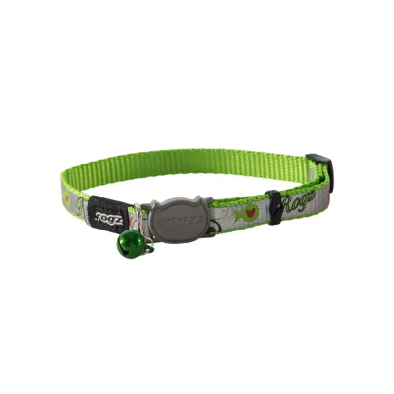 Green cat collar with bell, adjustable fit, and playful heart design for stylish pet accessories.