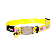 Bright yellow cat collar with a bell and playful designs for stylish pet accessories.