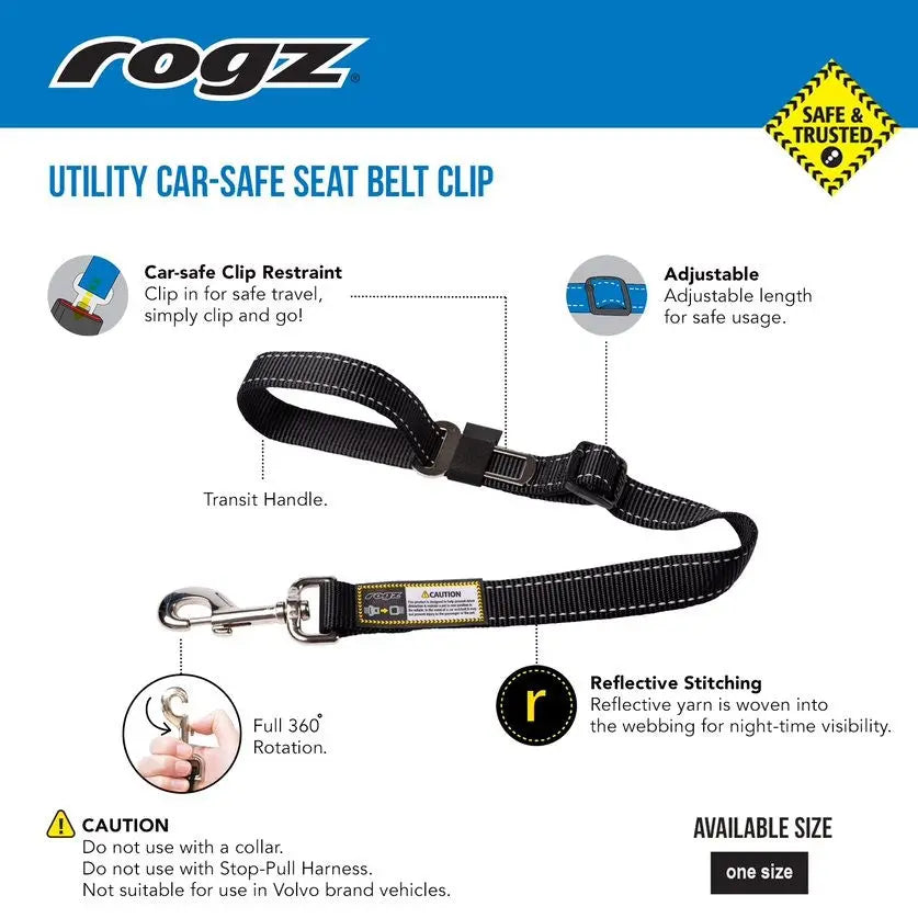 Utility car-safe seat belt clip with adjustable design and reflective stitching for pet safety during travel.
