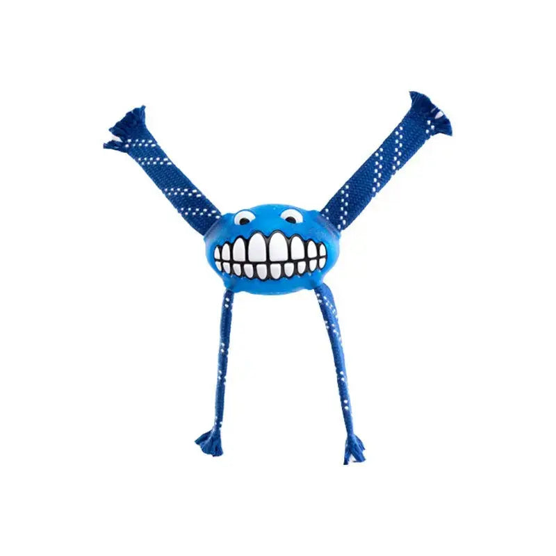Blue dog toy with a smiling face and rope arms for interactive play and chewing fun.