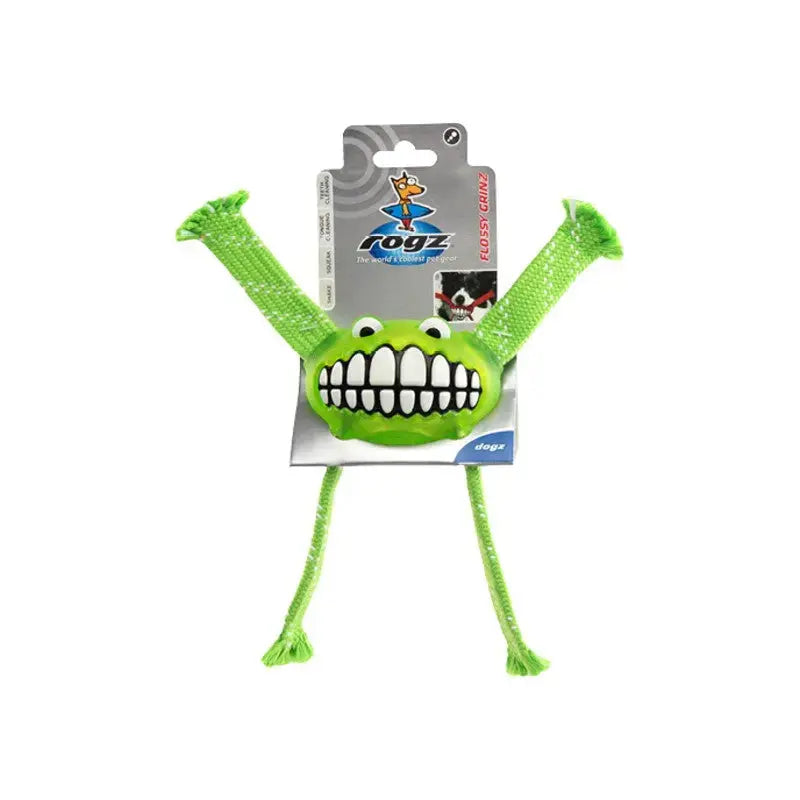 Green dog toy with a smiling face and stretchy arms for fun playtime.
