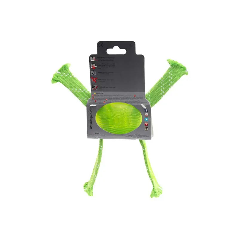 Green dog toy with textured surface and rope handles for interactive play and chewing.