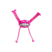 Colorful pink dog toy with a smiling face and long, knotted arms for playful fun.