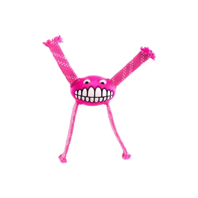 Colorful pink dog toy with a smiling face and long, knotted arms for playful fun.