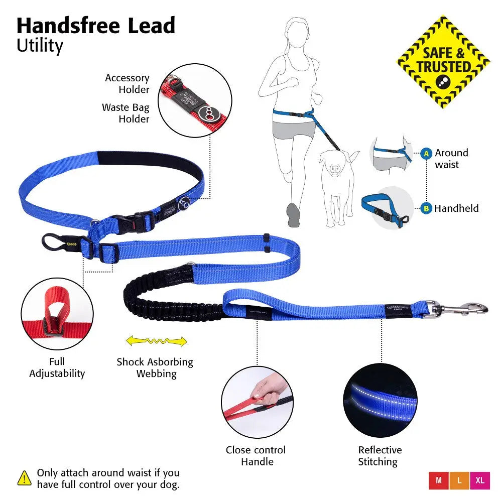 Handsfree dog lead with adjustable features, shock-absorbing webbing, and reflective stitching for safety.