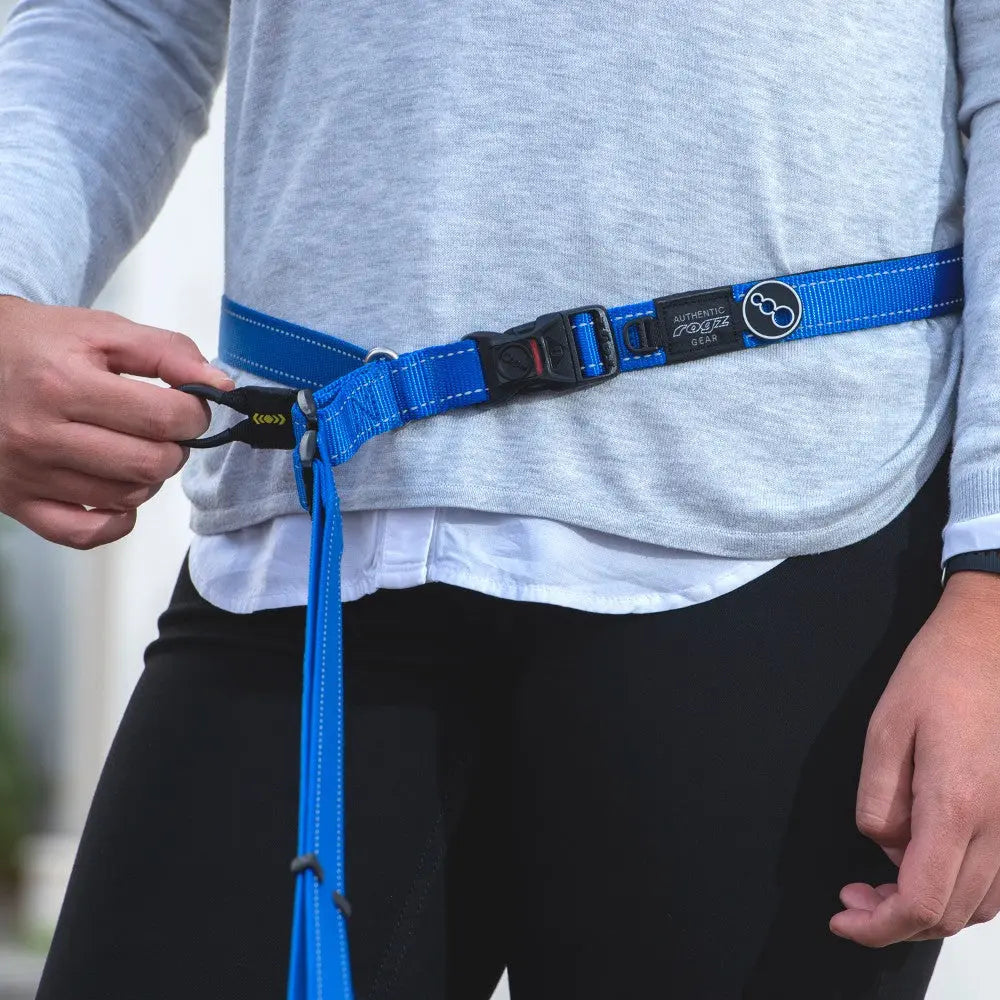 Adjustable blue dog leash belt for hands-free walking and outdoor activities.