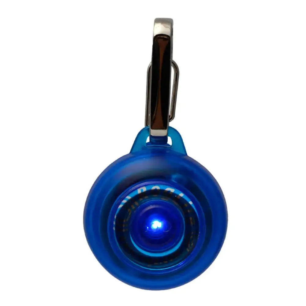 Blue LED pet safety light with clip for visibility during nighttime walks.