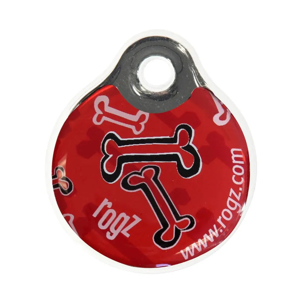 Red pet ID tag featuring bone designs and Rogz branding for easy identification.