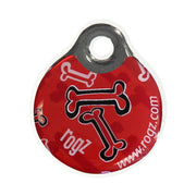 Red pet ID tag featuring bone designs and Rogz branding for easy identification.