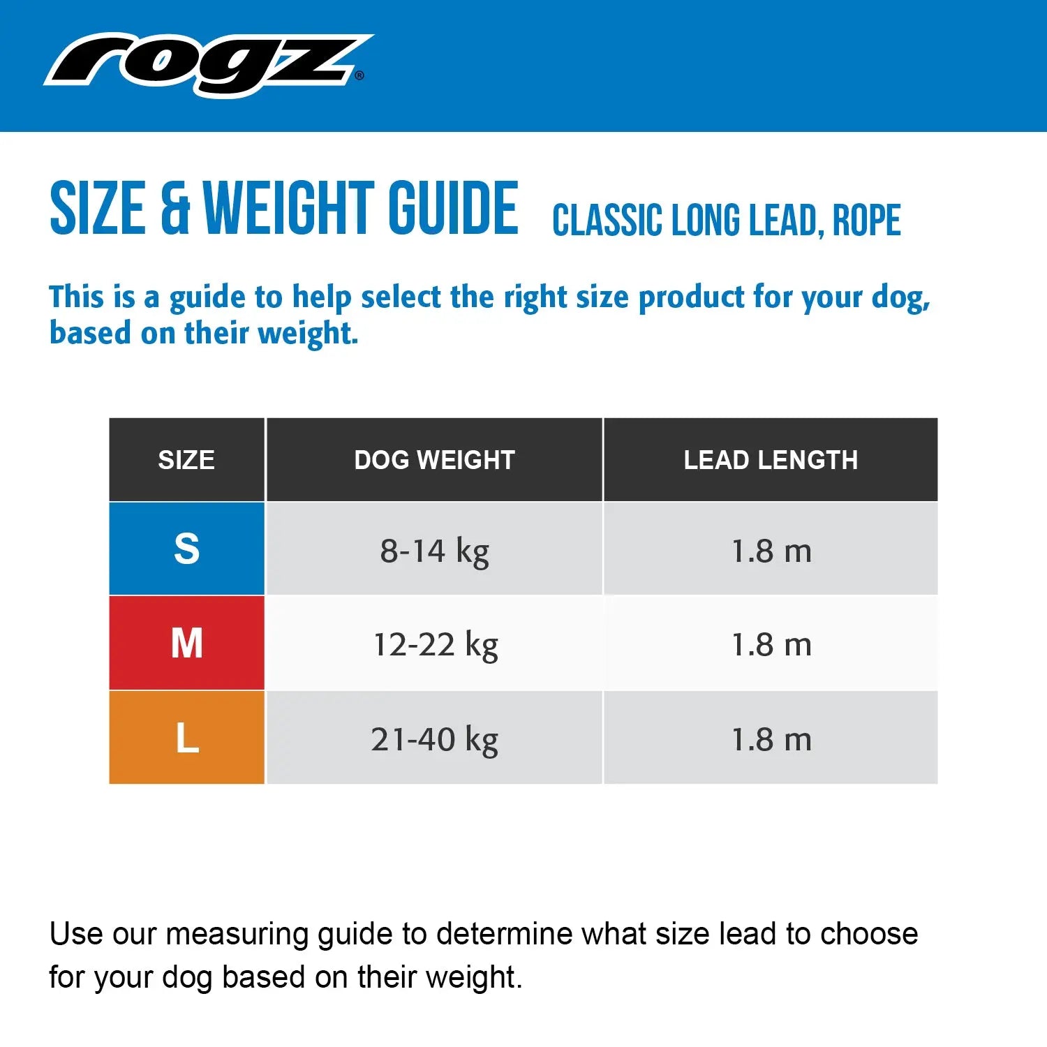 Size and weight guide for Rogz classic long lead, detailing sizes and corresponding dog weights.