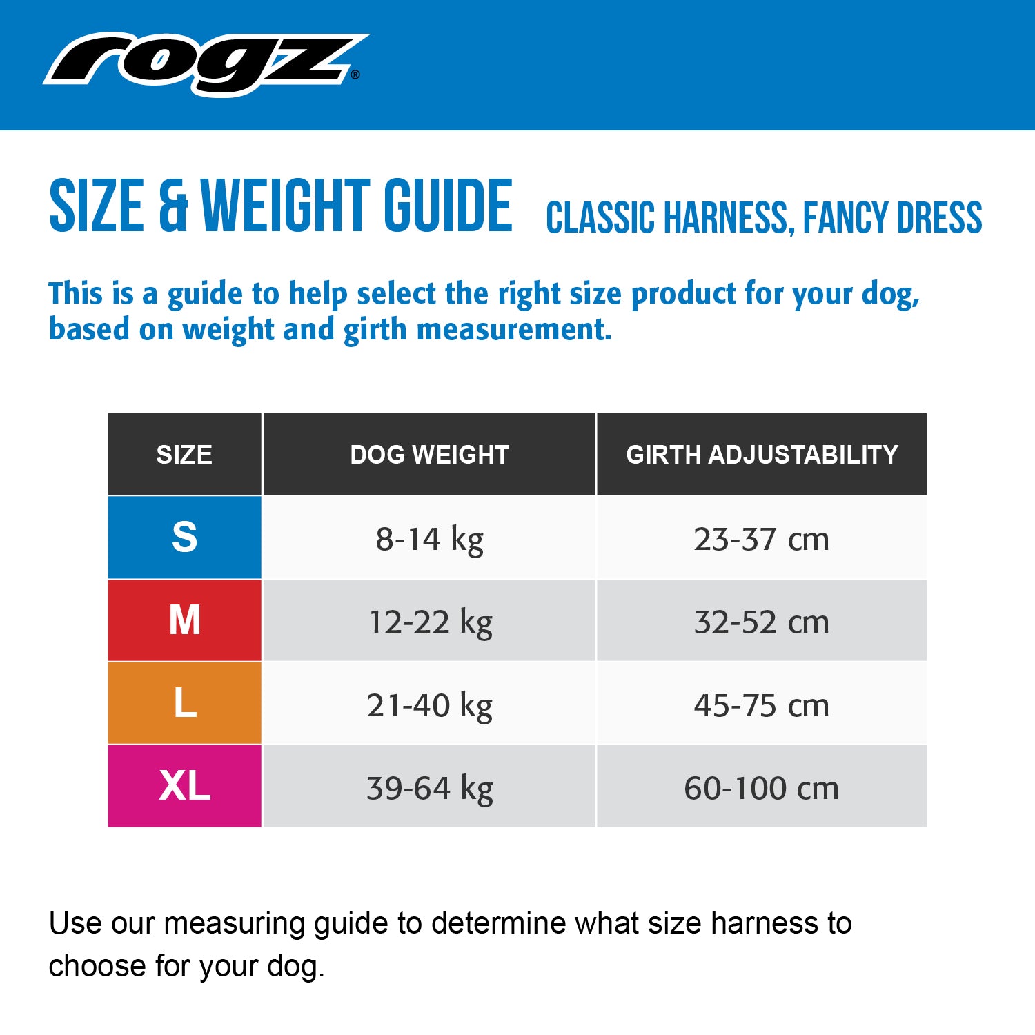 Rogz Fancy Dress Dog Classic Harness Size and Weight Guide