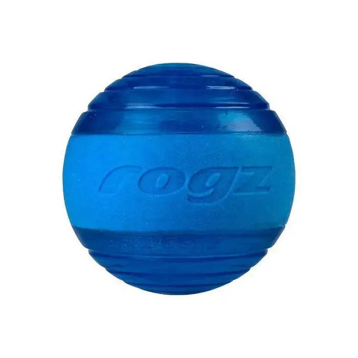 Blue rubber dog ball by Rogz, designed for interactive play and durable chewing.