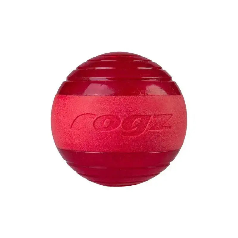 Red rubber dog ball toy for interactive play and exercise.