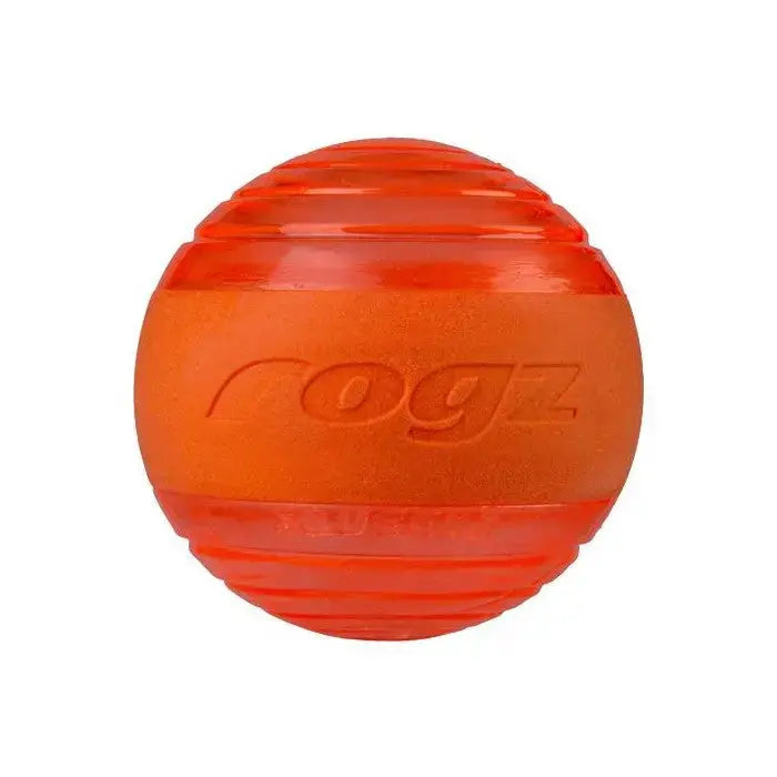 Rogz orange rubber ball for dogs, perfect for fetch and playtime activities.