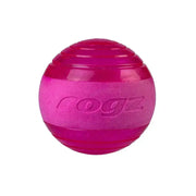 Rogz pink dog ball, durable rubber toy for interactive play and fetch.