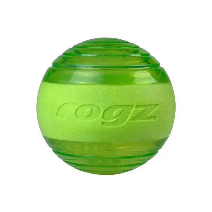Green Rogz ball toy for dogs, designed for fun and interactive playtime.