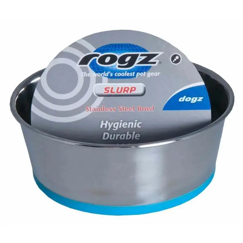 Stainless steel pet bowl with a blue base, labeled as hygienic and durable for dogs.