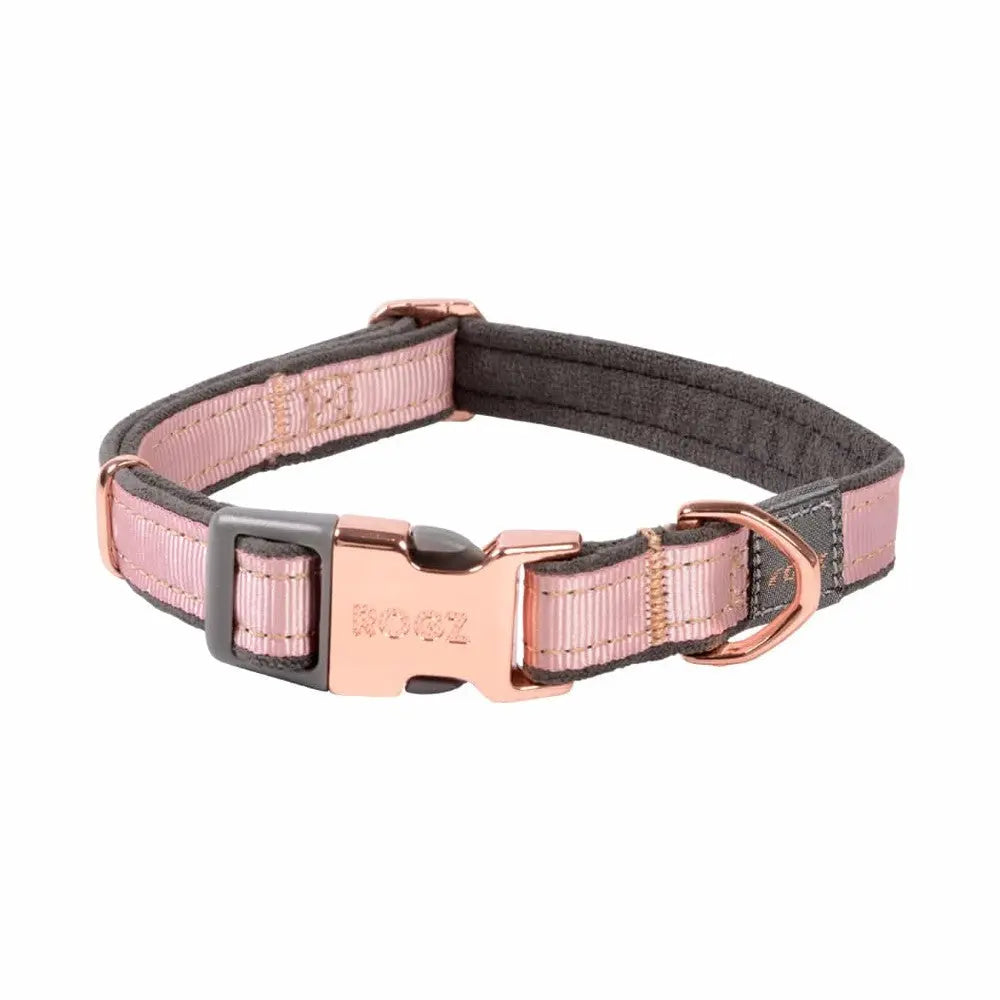 Stylish dog collar in gray and pink with a secure buckle and rose gold accents.