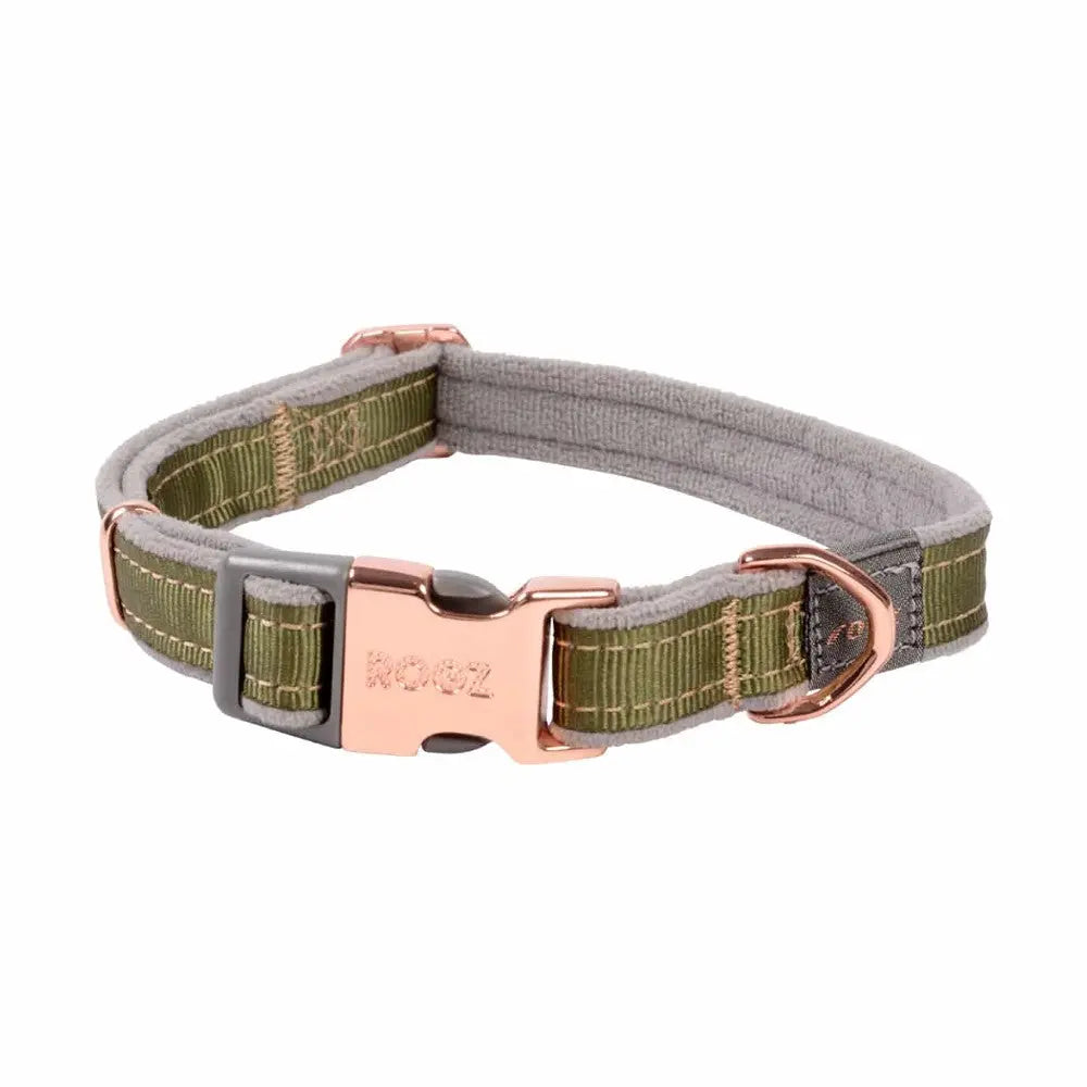 Durable dog collar in olive green with a stylish rose gold buckle and adjustable design.