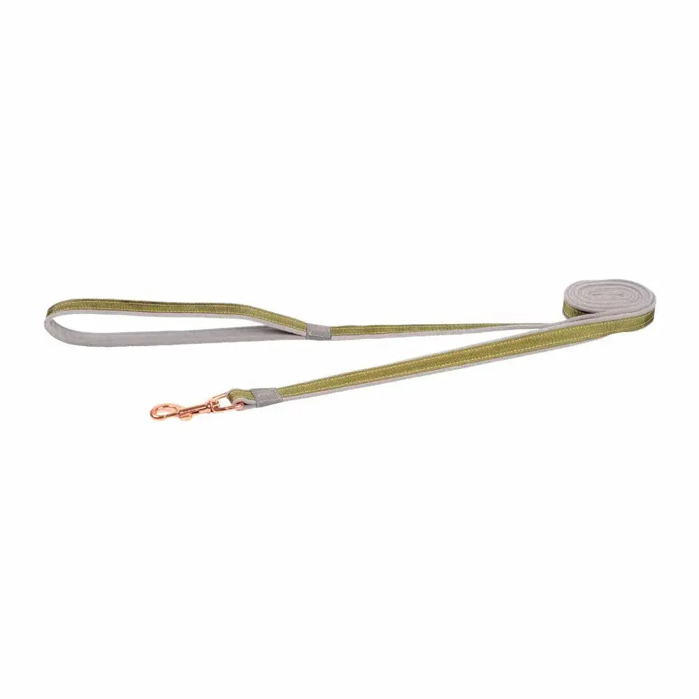 Durable dog leash in olive green with a stylish rose gold clip for secure walks.