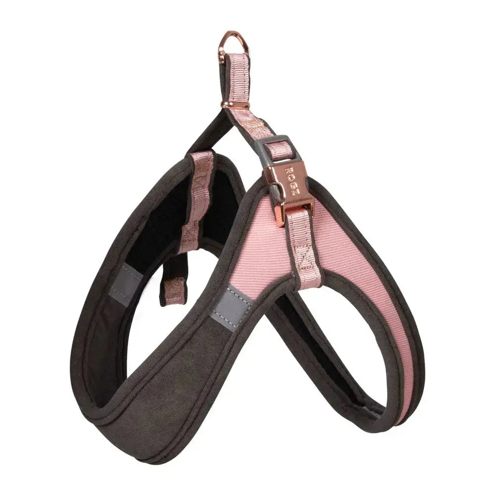 Adjustable pet harness in stylish brown and pink design for comfort and safety during walks.