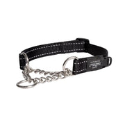 Durable black dog collar with chain, designed for training and control.