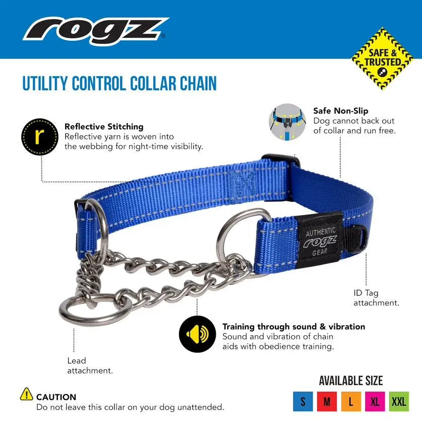 Utility control collar chain with reflective stitching for safe nighttime walks and training assistance.