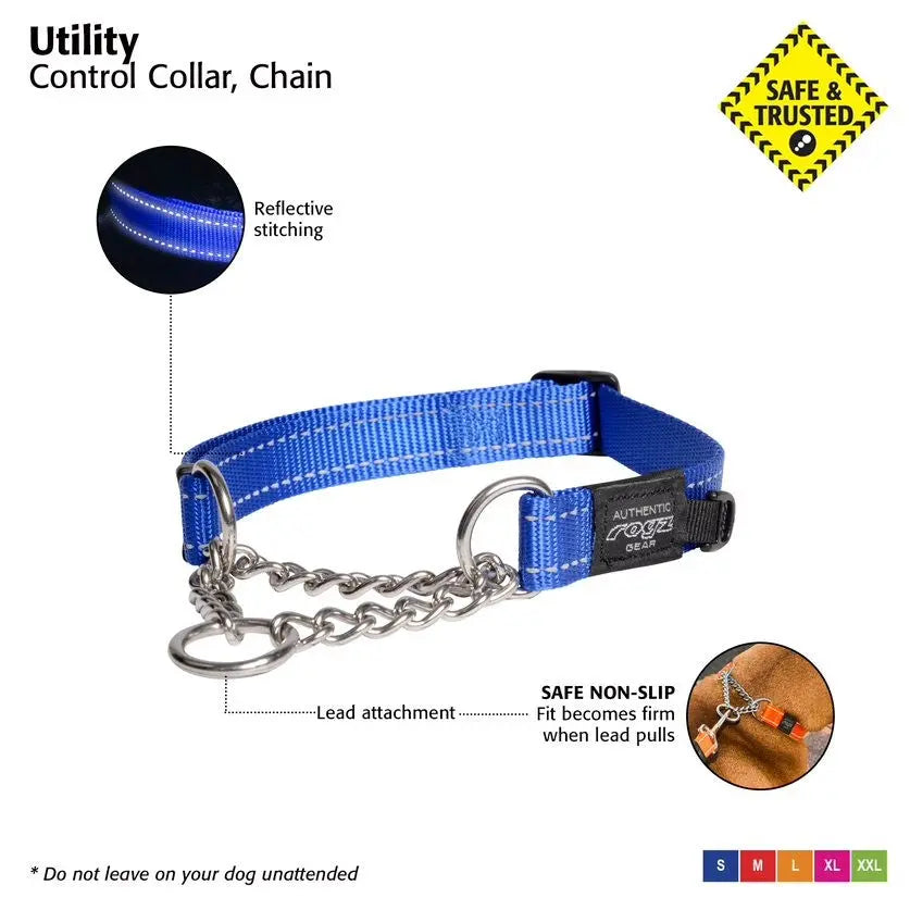 Blue utility control collar with reflective stitching and non-slip chain attachment for safe dog walking.