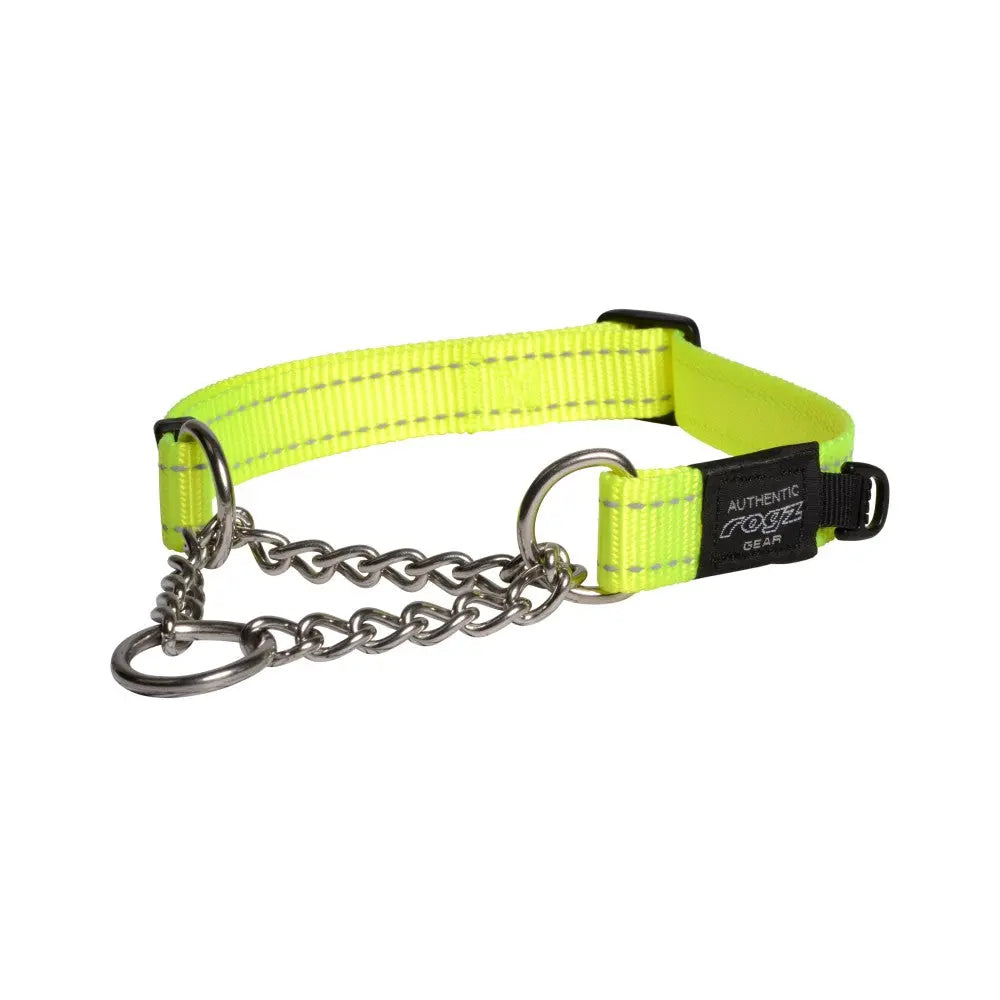 Bright yellow dog collar with chain, designed for durability and comfort during walks.