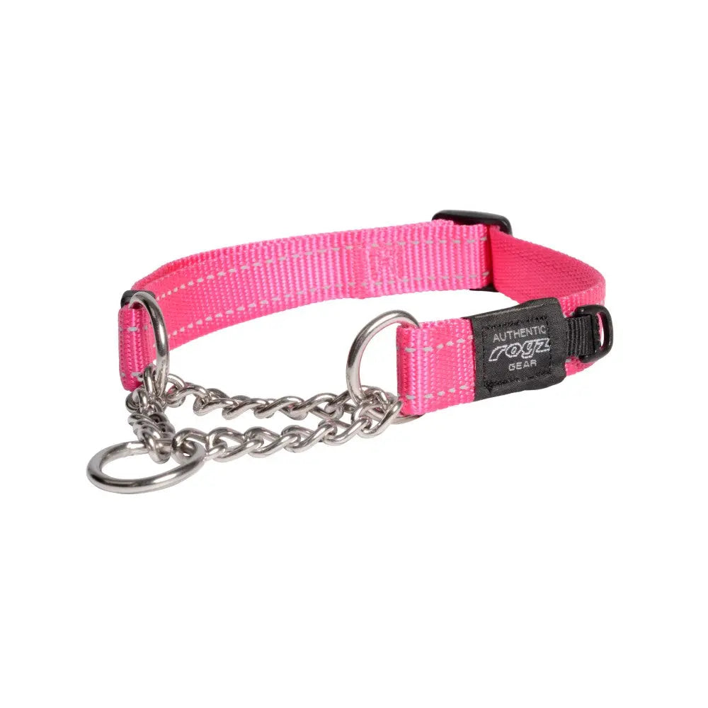 Pink dog collar with chain, adjustable design for comfort and control, perfect for training and daily walks.