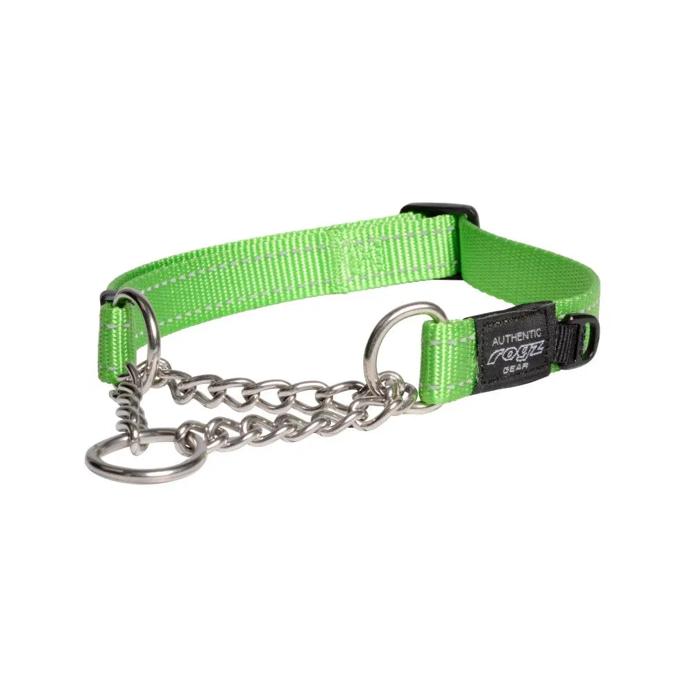 Green dog collar with chain, designed for training and control, featuring a durable strap and secure buckle.