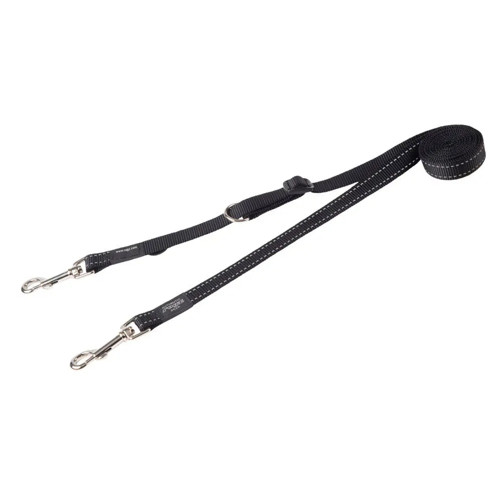 Durable black dog leash with dual clips for easy handling and control during walks.