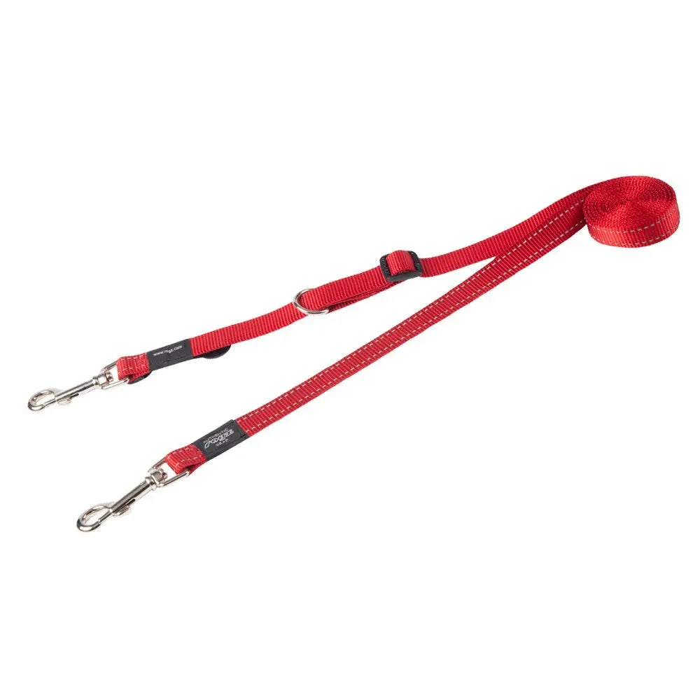 Red dog leash with dual clips for easy handling and control during walks.