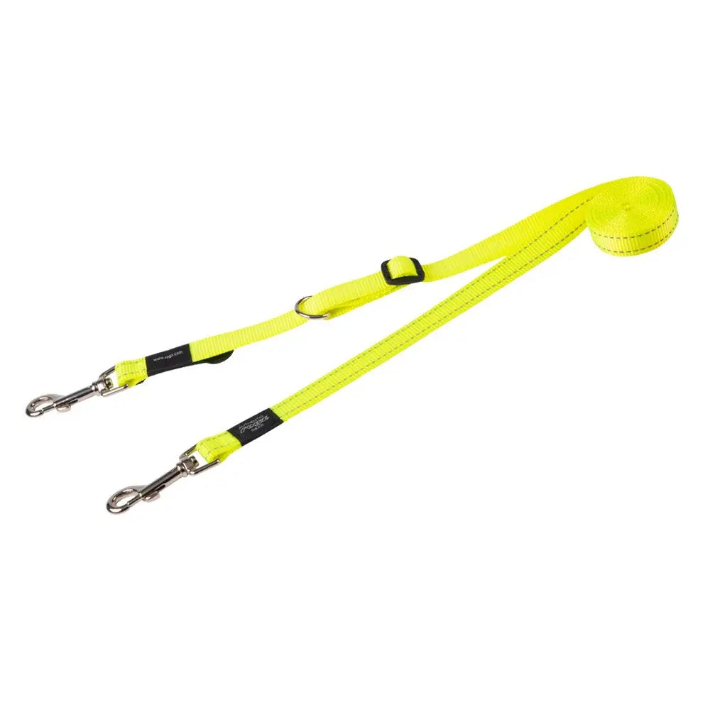 Bright yellow dual dog leash with sturdy clips for secure walking and training.