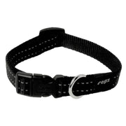Black pet collar with adjustable buckle and sturdy D-ring for leash attachment.