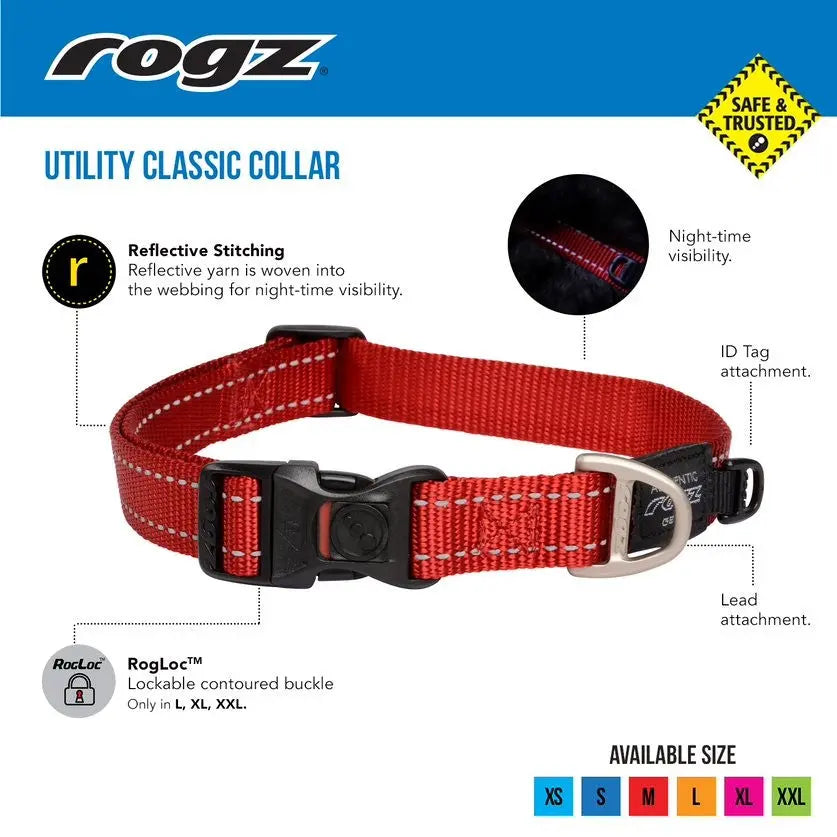 Red Rogz utility classic collar with reflective stitching for enhanced visibility and safety.