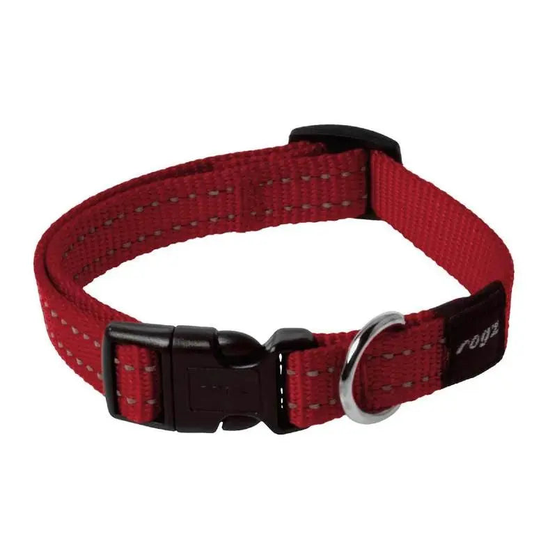 Red dog collar with adjustable buckle and reflective stitching for safety.