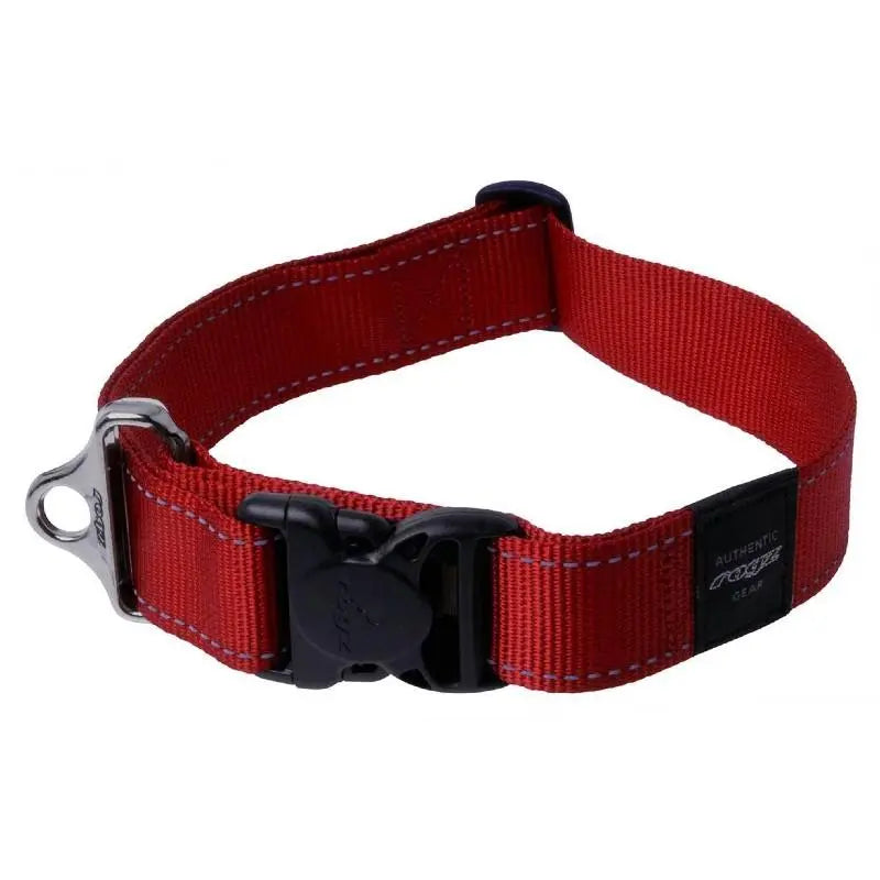 Red dog collar with adjustable strap and secure buckle for comfort and safety.