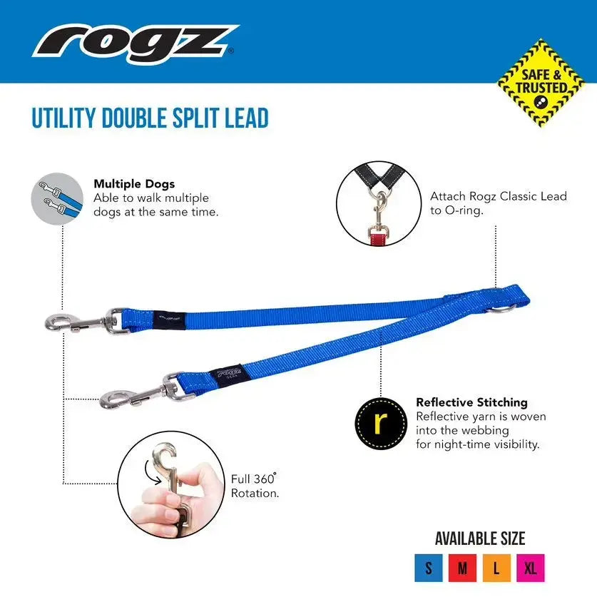 Rogz utility double split lead for multiple dogs with reflective stitching and 360° rotation feature.
