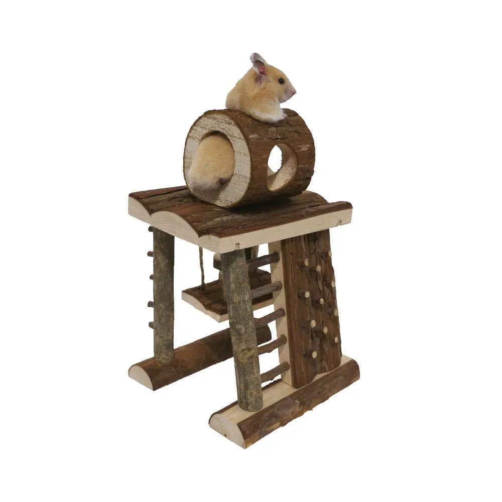 Hamster climbing toy with wooden structure and tunnel for active play and exercise.