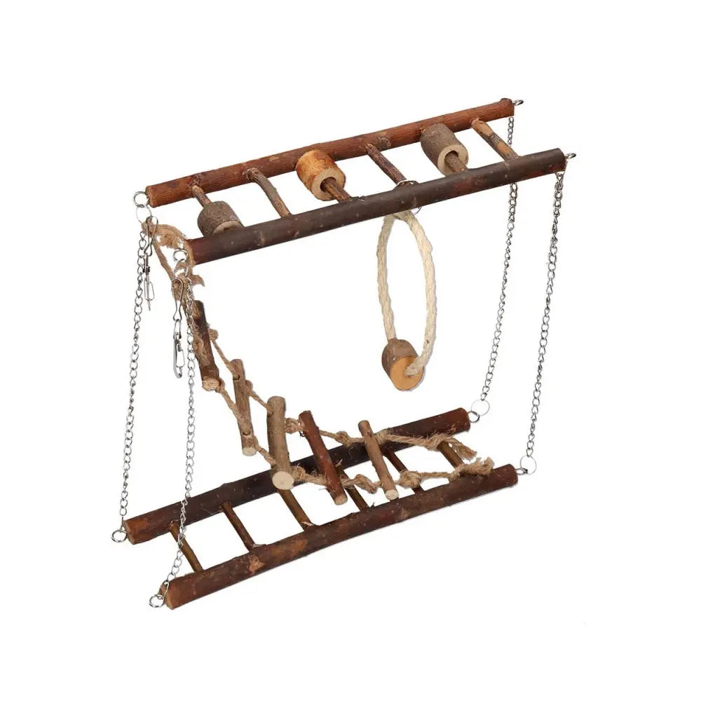 Wooden bird play gym with natural branches and hanging rope for pet birds' exercise and entertainment.