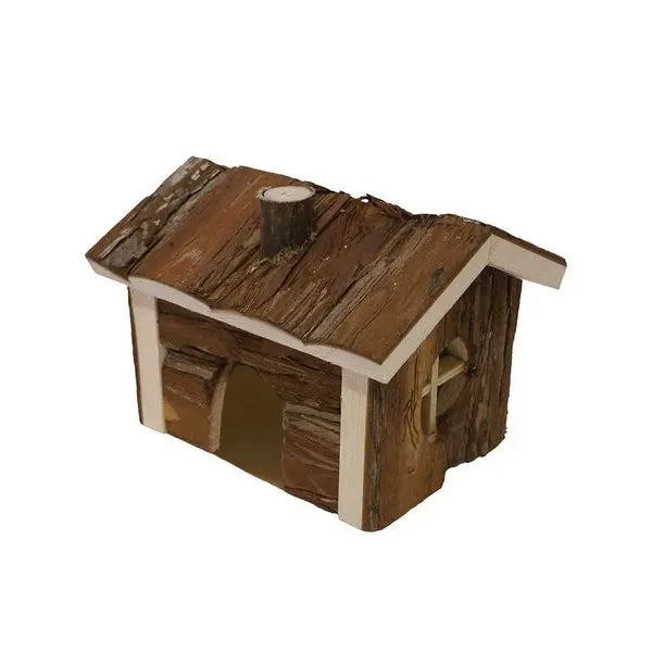 Wooden pet house with a rustic design, perfect for small animals or decorative use.